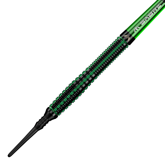 Fléchettes souples Mission Venom - 20 g Das Bild zeigt einen Mission Venom Softdart mit einem Gewicht von 20 Gramm. Der Dart ist überwiegend schwarz mit grünen Akzenten und einem schlanken Design.