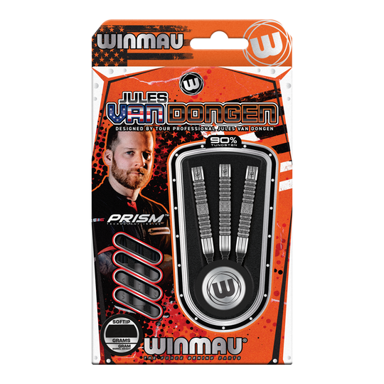 Fléchettes souples Winmau Jules Van Dongen - 20g Das Bild zeigt eine Verpackung der "Winmau Jules Van Dongen Softdarts - 20g". In der Packung befinden sich drei Softdarts mit 90% Tungsten.
