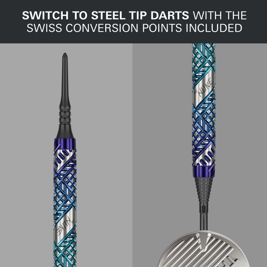 Zu sehen sind die Target Luke Littler Edge Softdarts - 19g. Der Fokus liegt auf dem Design des Dartpfeils.