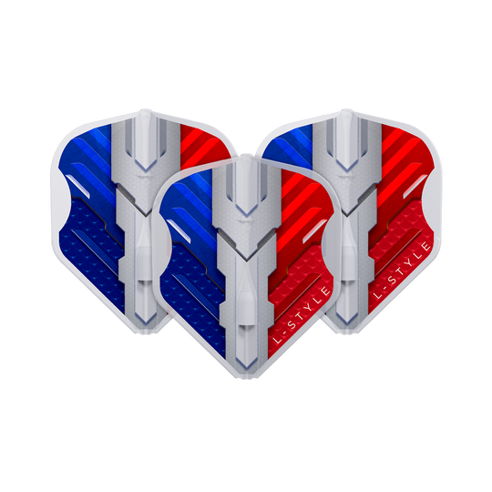 Vols L-Style V-Series V1 Type B France Blanc Transparent L1EZ Das Bild zeigt drei Dartflights in den Farben Blau, Weiß und Rot, die die französische Flagge darstellen. Auf den Flights steht der Markenname "L-Style" und sie haben ein modernes, technisches Design.