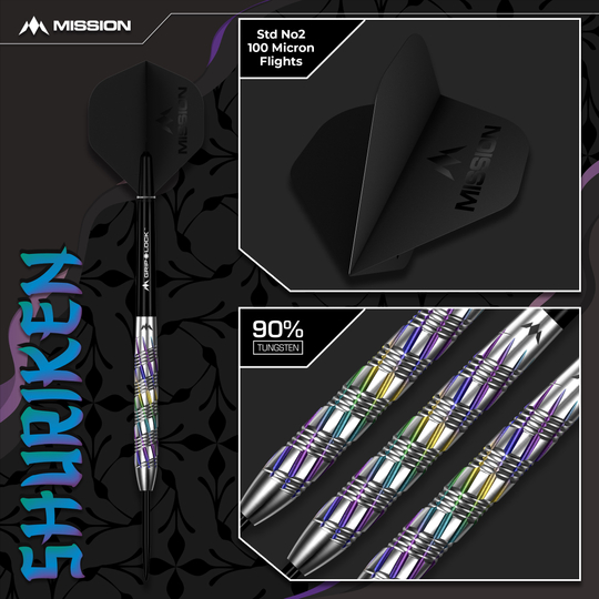 Fléchettes en acier Mission Shuriken Das Bild zeigt die Mission Shuriken Steeldarts. Diese Darts sind speziell für das Steeldart-Spiel entwickelt.