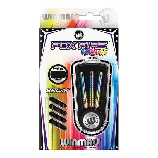 Fléchettes en acier Winmau Foxfire Urban Das Bild zeigt die Verpackung der "Winmau Foxfire Urban Steeldarts". Die Darts haben ein buntes Design und bestehen zu 80 % aus Wolfram.