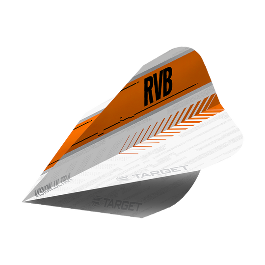 Das Bild zeigt ein Dart-Flight mit dem Namen "Target Vision Ultra RvB Orange Vapor Flights". Das Flight ist hauptsächlich weiß und orange, mit schwarzen Buchstaben "RVB" und dekorativen Mustern.