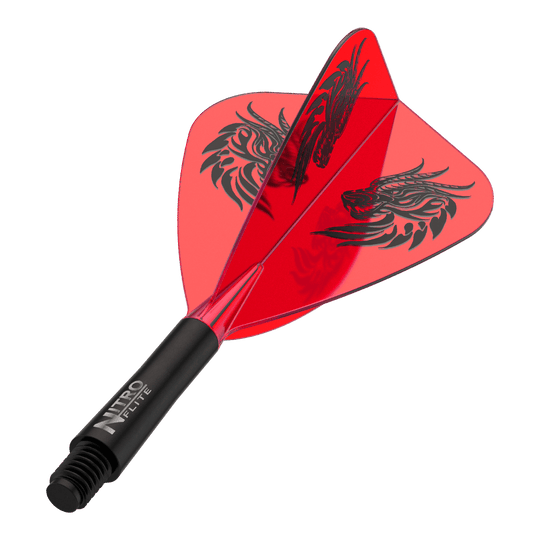 Red Dragon Nitro Flite - Vols de cerf-volant de Jonny Clayton Dart-Flights zu sehen, vermutlich Jonny Clayton Kite Flights in kurzer Variante. Die Flights sind in dunklem Design gehalten.