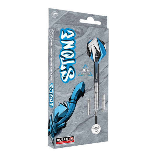 Fléchettes en acier Bulls Stone S2 Die Abbildung zeigt die Verpackung der "Bulls Stone S2 Steeldarts". Die Darts bestehen zu 90% aus Tungsten und sind im Design grau und blau gehalten.