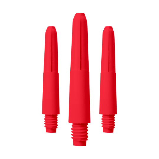 569_Nylon_Shafts_Rot_28mm_1 Das Bild zeigt drei rote Nylon-Schäfte für Dartpfeile. Sie sind nebeneinander auf weißem Hintergrund angeordnet.