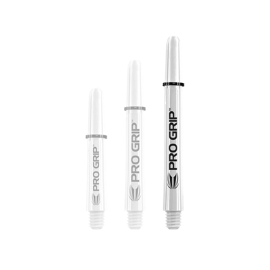 Tiges Target Pro Grip - 3 jeux - Rouge Bleu Blanc Das Bild zeigt drei unterschiedlich lange, weiße Dart-Schäfte mit der Aufschrift "PRO GRIP". Sie stehen nebeneinander aufrecht vor weißem Hintergrund.