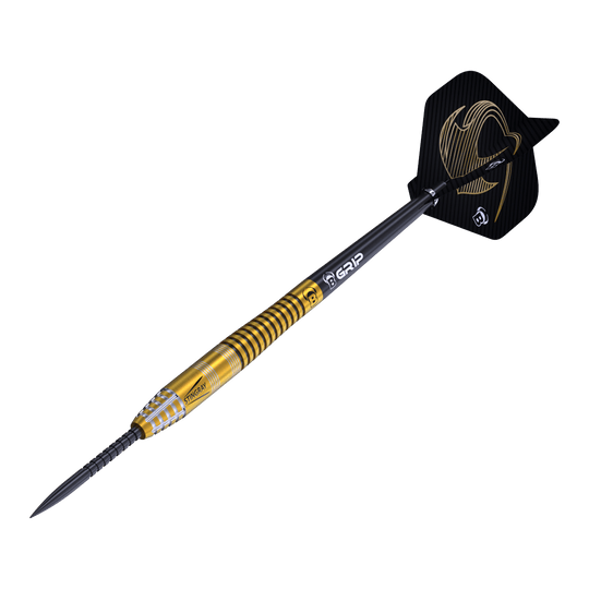 Fléchettes en acier Bulls Stingray ST3 Das Bild zeigt einen Steeldart aus der Bulls Stingray ST3 Serie. Der Dart hat einen goldfarbenen Schaft mit schwarzen Ringen und eine schwarze Flügelspitze mit goldener Verzierung.