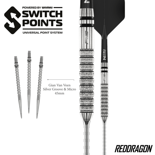 Fléchettes en acier Red Dragon Gian Van Veen Tour Edition Switch Point - 21 g Gezeigt werden die Red Dragon Gian Van Veen Tour Edition Switch Point Steeldarts - 21g aus einer anderen Perspektive. Das Design ist sportlich und funktional.