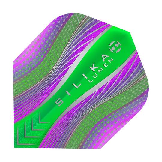 HF5125_Harrows_Silikia_Lumen_Purple_Green_No6_Flights_1 Das Bild zeigt das Produkt "Harrows Silika Lumen Purple Green No6 Flights". Das Flight ist überwiegend grün und lila mit futuristischen Mustern und dem Schriftzug "SILIKA LUMEN" in der Mitte.