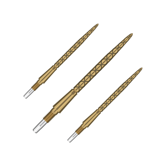 Pointes de fléchettes Target Swiss Storm Diamond Point - Or Das Bild zeigt drei goldene Dartspitzen mit einem rautenförmigen Muster. Sie sind länglich und haben eine silberne Spitze zum Werfen.