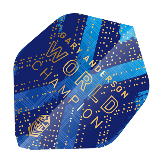 69453_Unicorn_World_Champion_Gary_Anderson_Phase_6_AR1_Flights_2 Das Bild zeigt einen blauen Dartflight mit goldenen Punkten und der Aufschrift "Gary Anderson World Champion". Im unteren Bereich ist das "Ultra Fly" Logo zu sehen.