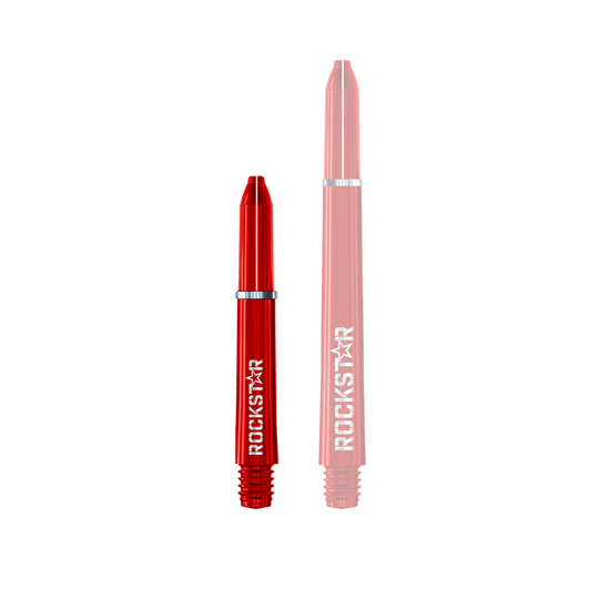 Manche en nylon Winmau Joe Cullen Rockstar Das Bild zeigt zwei rote Dartschäfte in unterschiedlichen Längen. Auf beiden Schäften steht das Wort "ROCKSTAR" in weißer Schrift.