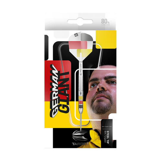 190098_Target_Gabriel_Clemens_80_Steeldarts_3 Die Abbildung zeigt die Verpackung der "Target Gabriel Clemens 80% Steeldarts". Auf der Verpackung sind ein Dartpfeil, ein Porträt eines Mannes und die Aufschrift "GERMAN GIANT" zu sehen.