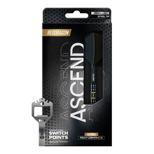 Fléchettes en acier Red Dragon Ascend Parallel Switch Point Zu sehen sind drei Red Dragon Ascend Parallel Switch Point Steeldarts gruppiert in einer Reihe. Die Darts heben ihre hochwertige Verarbeitung hervor.