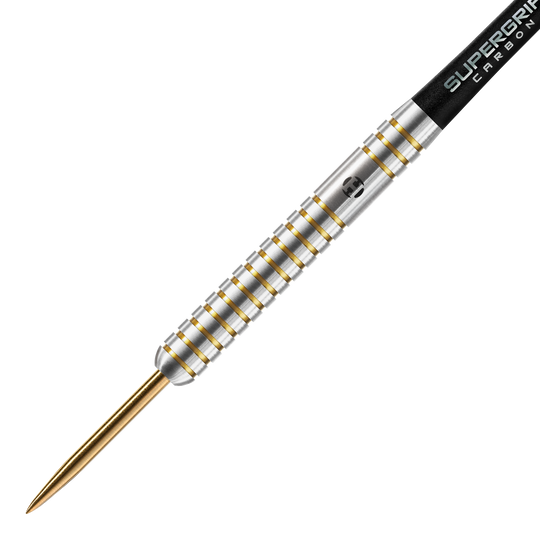 Édition anniversaire de Harrows Les Steeldarts originaux Das Bild zeigt einen Harrows Anniversary Edition The Original Steeldart. Der Dartpfeil hat ein silbernes Barrel mit goldenen Rillen und einer goldenen Spitze.