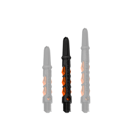 Das Bild zeigt drei Harrows Carbon ST Shafts in der Farbe Orange. Die Dartschäfte sind in verschiedenen Längen nebeneinander angeordnet.
