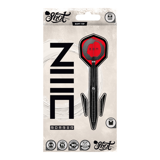 Fléchettes souples Shot ZEN Bomber - 20 g Hier sieht man die Shot ZEN Bomber Softdarts - 20g. Die Softdarts sind für präzises Werfen und einen sicheren Halt konzipiert.