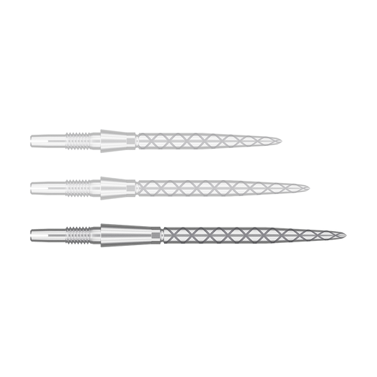 Pointes de fléchettes Target Swiss Storm Diamond Point - Argent Das Bild zeigt drei silberne Dartspitzen mit einem Rautenmuster auf der Spitze. Sie sind nebeneinander und parallel ausgerichtet.