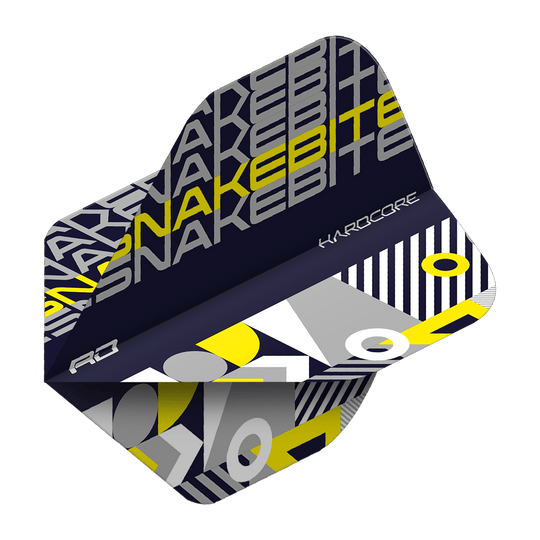 TF6657_Red_Dragon_Hardcore_Snakebite_BlackYellow_Standard_Flights_2FPM95d6FcLmsD Das Bild zeigt ein Dart Flight mit dem Aufdruck "SNAKEBITE" in Schwarz, Gelb und Grau. Das Design ist modern und kombiniert geometrische Muster mit auffälligen Farben.