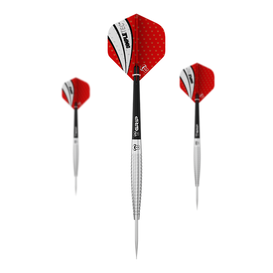 Fléchettes en acier Bulls Dot D6 Das Bild zeigt drei Steeldarts mit roten Flights und silbernen Spitzen. Die Flights haben ein weiß-schwarzes Muster mit dem Aufdruck "PIMPLETEC".
