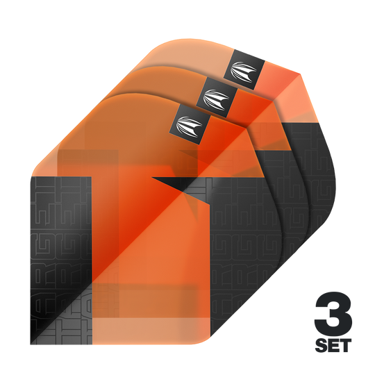 Ailettes standard Target Pro Ultra TAG Orange n° 2 - 3 jeux Das Bild zeigt drei orangefarbene Standard Flights für Darts mit schwarzem Muster. In der rechten unteren Ecke steht "3 SET".