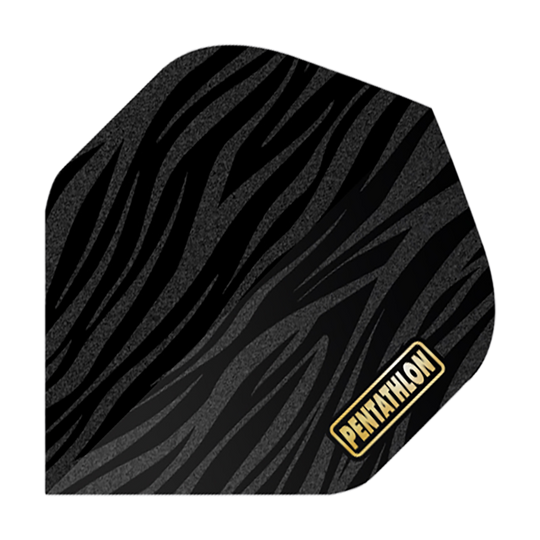 Vols de pentathlon RT Zebra Das Bild zeigt ein Dartflight mit einem Zebra-Muster in Schwarz und Grau. In der unteren Ecke steht das Wort "Pentathlon" in gelber Schrift.