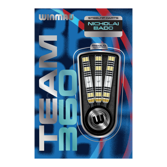 Winmau Team 360 Nicholai Bado Steeldarts - 23g wird gezeigt. Das Foto veranschaulicht den Dartpfeil aus einer anderen Perspektive.