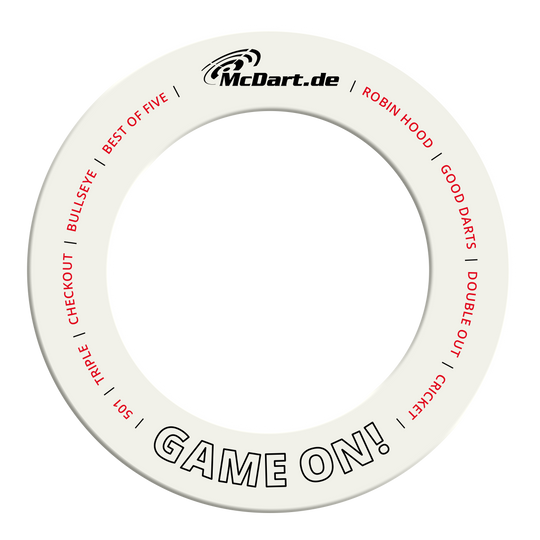 Jeu de fléchettes McDart autour d'une cible Das Bild zeigt ein weißes Dartboard-Surround. Es sorgt dafür, dass Pfeile die Wand nicht beschädigen.