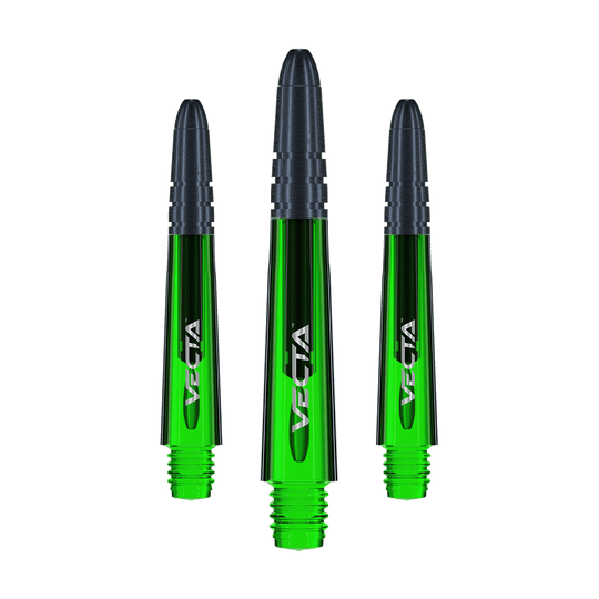 7025-104_Winmau_Vecta_Shafts_Gr-n_34mm_16pLz4tRurbhcf Das Bild zeigt drei grüne Winmau Vecta Shafts für Dartpfeile. Die Shafts haben schwarze Spitzen und sind aus glänzendem Material gefertigt.