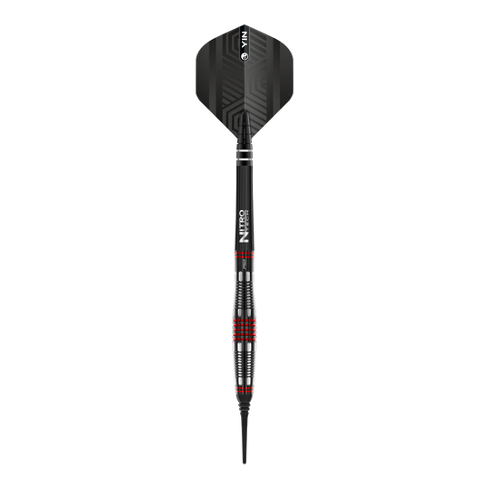 Fléchettes souples Red Dragon Marlin Venom - 22 g Das Bild zeigt einen Red Dragon Marlin Venom Softdart mit einem Gewicht von 22g. Der Dart hat ein modernes Design mit schwarzen und roten Akzenten.