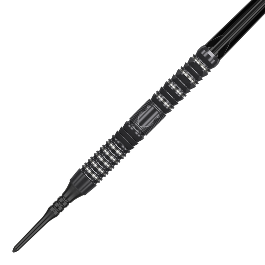 Das Bild zeigt einen Target Japan Black Marque Draco GEN2 Softdart mit einem Gewicht von 20g. Der Dart ist schwarz-silbern und hat ein modernes, gerilltes Design für besseren Halt.