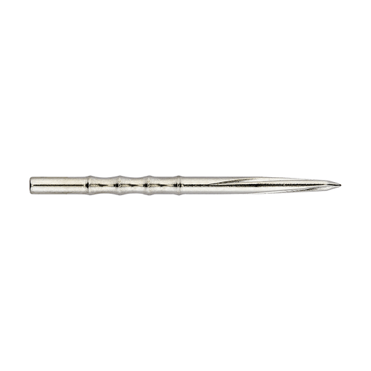 Pointes de fléchettes en acier festonné à volute de licorne Das Bild zeigt eine silberne Steeldartspitze mit einem gerillten Design. Die Spitze ist schlank und hat eine profilierte, leicht gewellte Oberfläche.