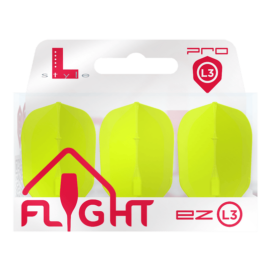 Vols L-L-Style3EZ Das Bild zeigt eine Packung mit drei neon-gelben Dart-Flights der Marke L-Style. Auf der Verpackung steht „FLIGHT ez L3 Pro“.