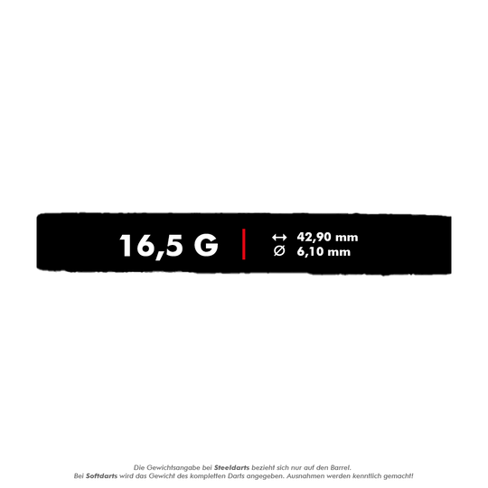 Fléchettes souples McDart 85 Tungstène V16 - 16,5 g Das Bild zeigt die Eigenschaften des Produkts "McDart 85er Tungsten V16 Softdarts - 16,5g". Angegeben sind das Gewicht von 16,5 Gramm, eine Länge von 42,90 mm und ein Durchmesser von 6,10 mm.