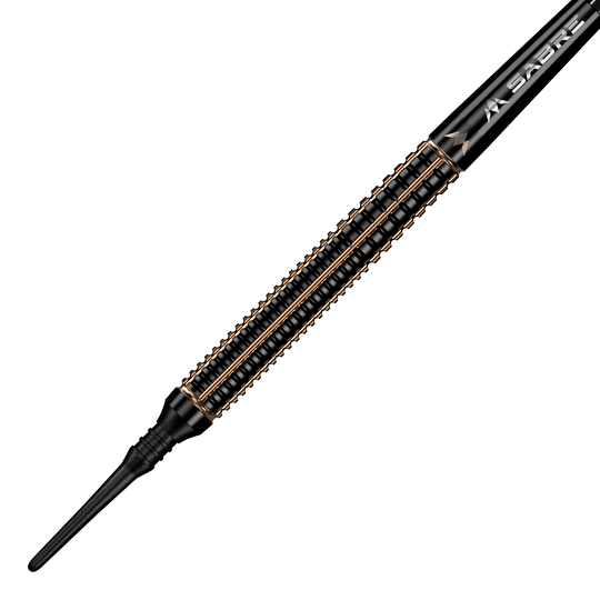 Fléchettes souples Mission Scorpion - 19 g Das Bild zeigt einen Mission Scorpion Softdart mit einem Gewicht von 19 Gramm. Der Dart hat ein elegantes, schwarzes Design mit goldfarbenen Akzenten.