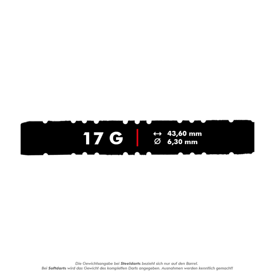 Das Bild zeigt die Produktdaten für die McDart 85er Tungsten V2 Softdarts mit einem Gewicht von 17 Gramm. Die Darts haben eine Länge von 43,60 mm und einen Durchmesser von 6,30 mm.