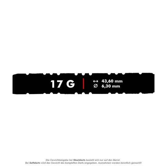 Fléchettes souples McDart 85 Tungsten V2 - 17 g Das Bild zeigt die Produktdaten für die McDart 85er Tungsten V2 Softdarts mit einem Gewicht von 17 Gramm. Die Darts haben eine Länge von 43,60 mm und einen Durchmesser von 6,30 mm.