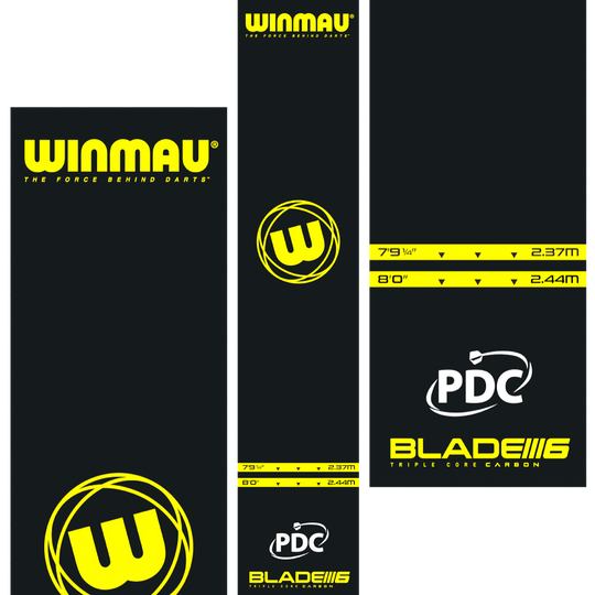 Tapis de fléchettes Winmau Pro-Zone Essential en PVC Das Bild zeigt die Winmau Pro-Zone Essential PVC Dartmatte mit auffälligen gelben Logos und Markierungen. Die Matte zeigt Abwurflinien in den Längen 2,37 m und 2,44 m sowie die Logos von Winmau, PDC und Blade 6.
