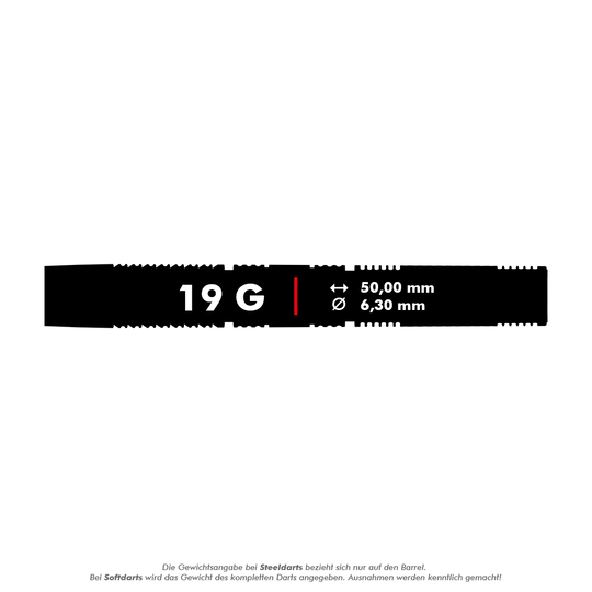 Fléchettes souples Target Gabriel Clemens 95K - 19 g Das Bild zeigt Angaben zum Produkt "Target Gabriel Clemens 95K Softdarts - 19g". Der Dart wiegt 19 Gramm, ist 50,00 mm lang und hat einen Durchmesser von 6,30 mm.