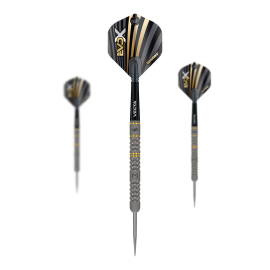Fléchettes en acier Winmau Michael Van Gerwen Evo-X Das Bild zeigt drei Winmau Michael Van Gerwen Evo-X Steeldarts mit schwarzer und goldener Optik. Die Darts haben ein modernes Design und sind in einer Vorder- und zwei Seitenansichten dargestellt.