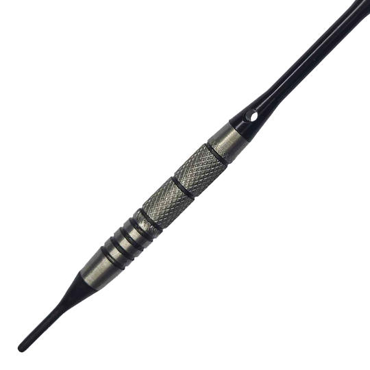 Fléchettes souples McDart 85 Tungstène V9 - 17,5 g Auf dem Bild ist ein McDart 85er Tungsten V9 Softdart mit einem Gewicht von 17,5 g zu sehen. Der Dartpfeil hat eine metallische Griffzone mit feiner Riffelung für besseren Halt.