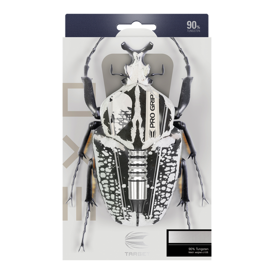 Fléchettes souples Target EXO 10 Die Verpackung zeigt die Target EXO 10 Softdarts, bei denen ein Dartpfeil kreativ als Teil eines Käfers dargestellt ist. Oben steht, dass die Darts aus 90 % Tungsten bestehen.