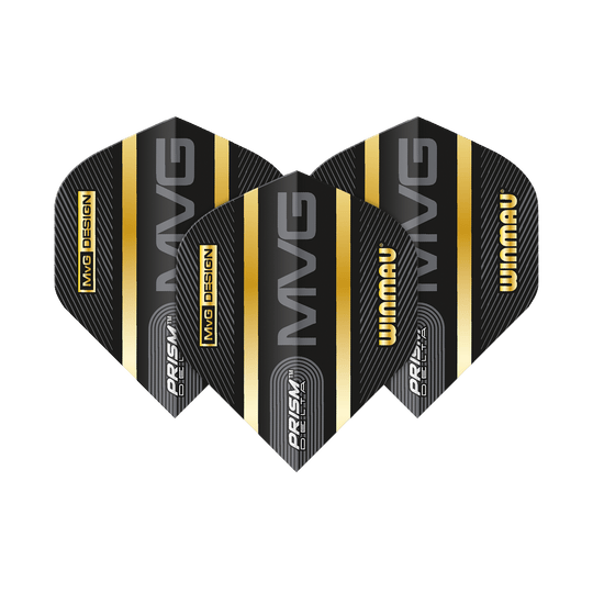 6915-238_Winmau_Prism_Delta_MvG_Standard_Flights_1bEv34SZ2YXrGd Das Bild zeigt drei Winmau Prism Delta MvG Standard Flights für Darts. Die Flights sind schwarz mit goldenen und silbernen Streifen sowie mit den Aufdrucken "MVG", "WINMAU" und "PRISM DELTA".