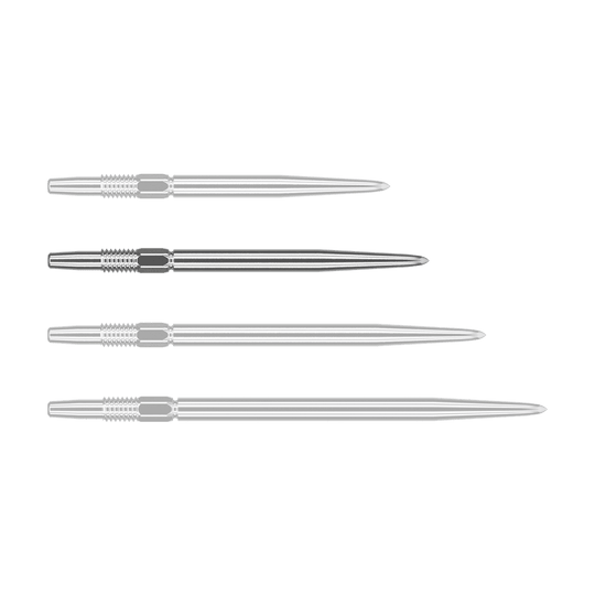 Pointes de fléchettes Target Swiss Point Silver Das Bild zeigt vier silberne Dartspitzen, die nebeneinander liegen. Sie sind lang, schmal und haben ein geriffeltes Stück am oberen Ende.