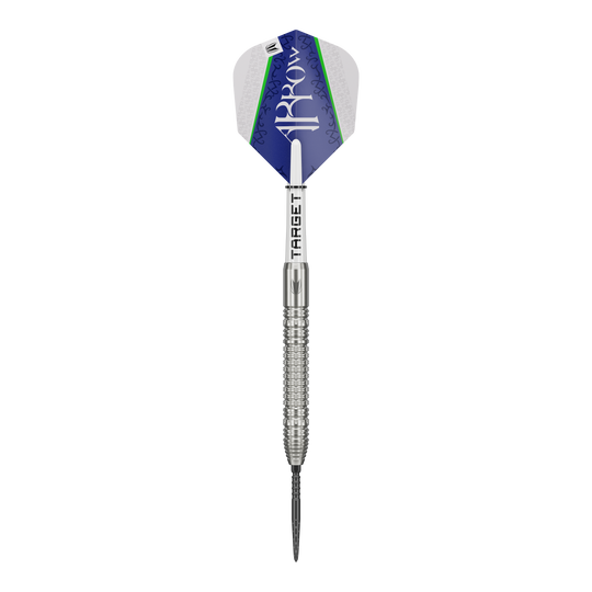 Fléchettes en acier Target Shane McGuirk GEN1 Swiss Point - 23 g Auf dem Bild ist der Target Shane McGuirk GEN1 Swiss Point Steeldart mit 23g zu sehen. Der Dartpfeil hat ein silbernes Griffstück und eine blau-weiße Flight mit grünem Akzent.