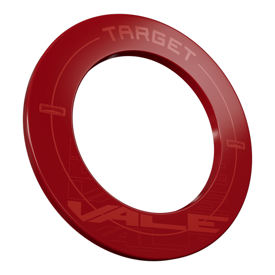 Cadre pour cible de fléchettes Target VALE Das Bild zeigt das Produkt "Target VALE Dartboard Surround" in einem kräftigen Rotton. Es handelt sich um einen runden Schutzring für eine Dartscheibe mit der Aufschrift "TARGET" und "VALE".