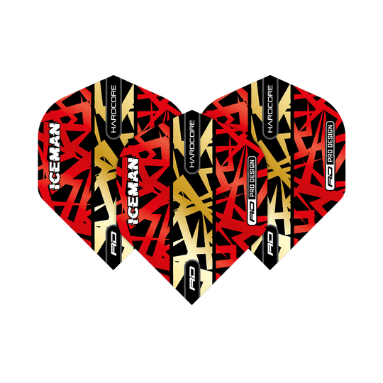 TF6871_Red_Dragon_Hardcore_Gerwyn_Price_Red_Gold_Premium_Standard_Flights_16m3HLGEJLmJy7 Das Bild zeigt drei Dartflights in den Farben Rot, Gold und Schwarz mit auffälligem Muster. Auf den Flights stehen die Wörter "ICEMAN", "HARDCORE" und "RD PRO DESIGN".