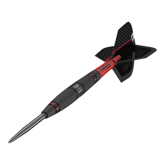 Fléchettes en acier Target Scope 04 Swiss Point Das Bild zeigt den Target Scope 04 Swiss Point Steeldart. Der Dart hat ein schwarz-rotes Design mit geriffeltem Griff und einer metallischen Spitze.
