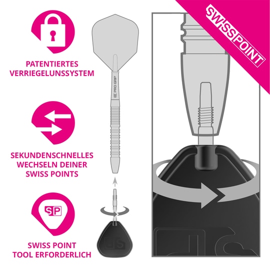 Pointes de fléchettes en acier Target Swiss Point Storm Surge - Noires Das Bild zeigt ein patentiertes Verriegelungssystem für Dartspitzen namens Swiss Point. Es erklärt, dass der Wechsel der Spitzen in Sekundenschnelle mit einem speziellen Werkzeug möglich ist.